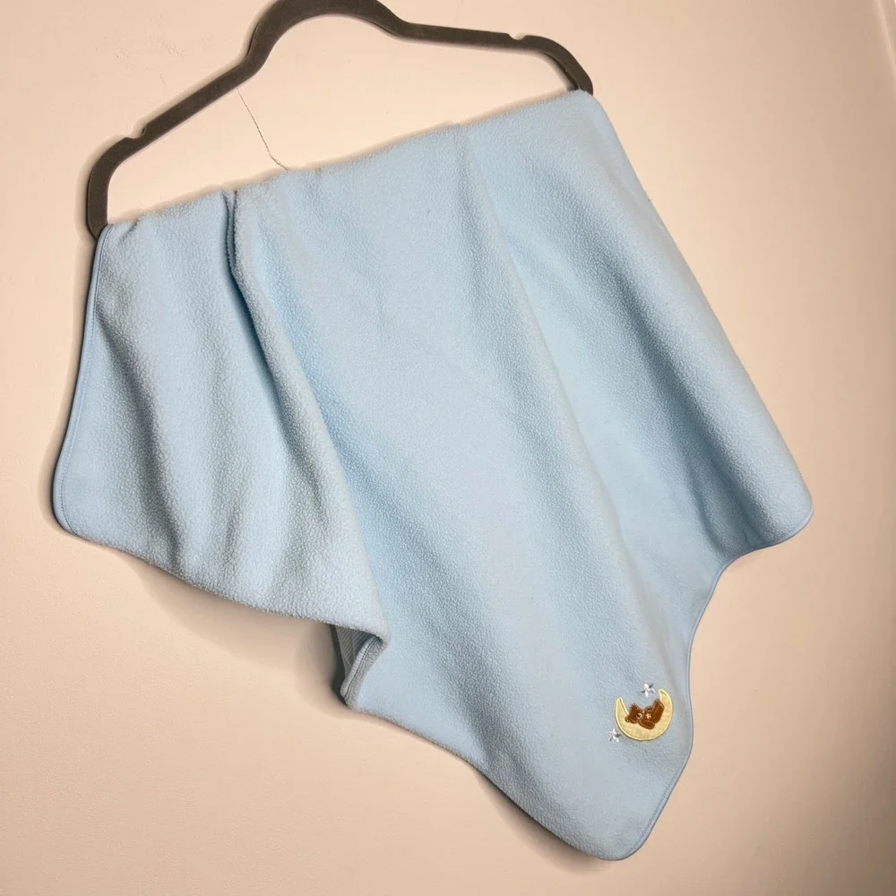 Cutie Pie Baby Blanket Blue Fleece Teddy Bear Moon Gingham Stripe Lining Vintage